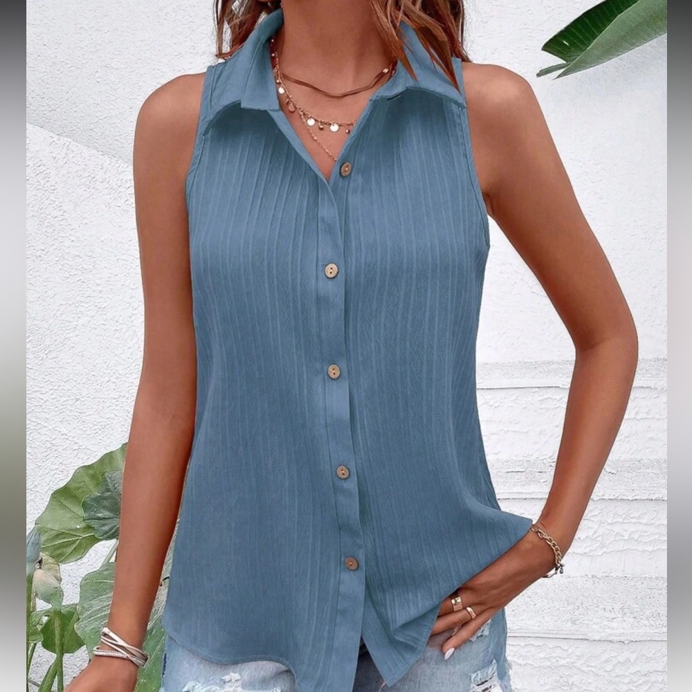 New Blue Ribbed Button Down Tank Top